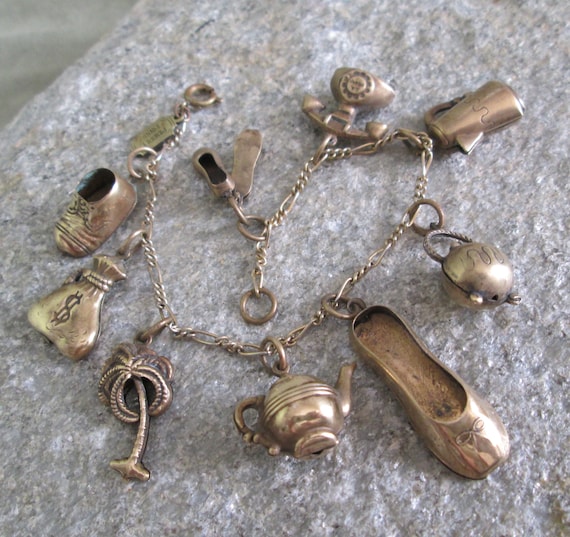 Pididdly Links Charm Bracelet, 9 Vintage Brass Ch… - image 1