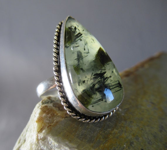 Moss Agate Teardrop Ring, Sterling Silver Pear Ca… - image 4
