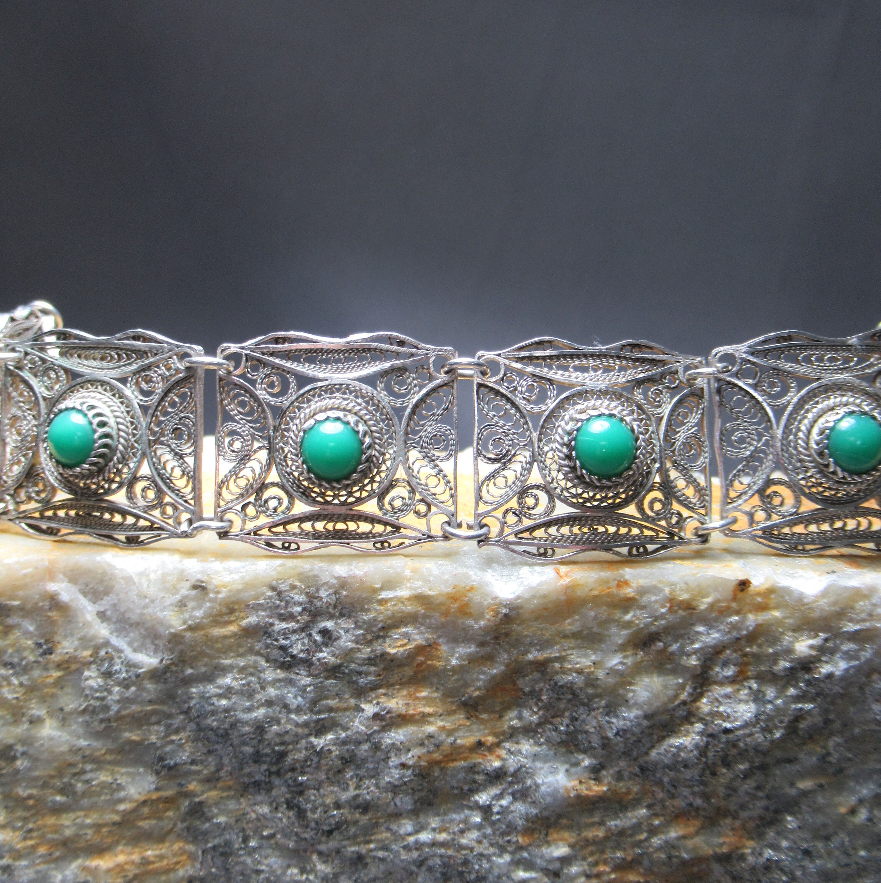 Green Turquoise Filigree Cuff Bracelet, Sterling & 800