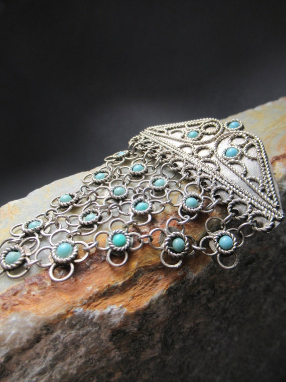Persian Turquoise Silver Brooch, Belly Dance Chain Ma… Gem