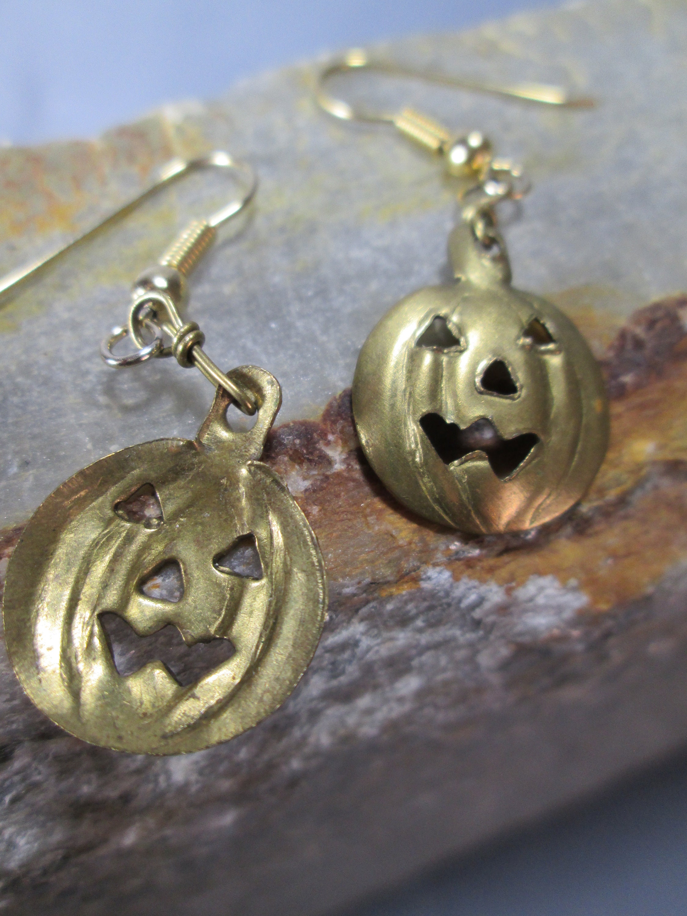 Brass CARVED PUMPKIN Earrings Jack-o-lantern Pierced Work | Etsy