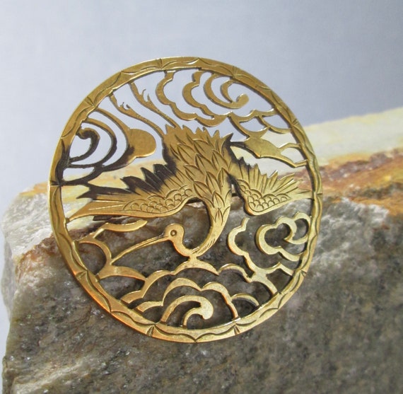 Antique Japanese Brooch CRANE Pierced Work Chinois