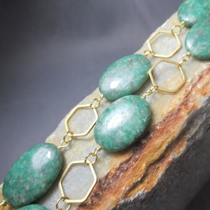Green Jasper Necklace, Carved Stone, Hexagon Chain