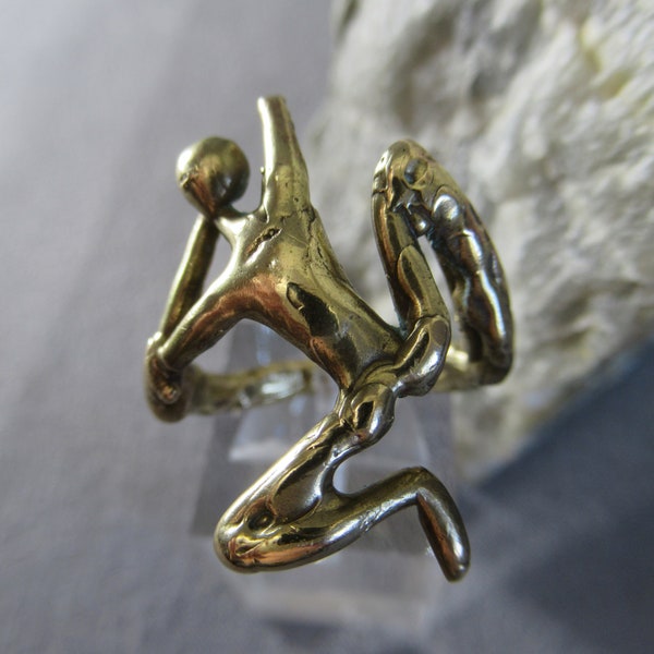 Bronze Climbing Soul Ring, Golden Brass Figural Ascension