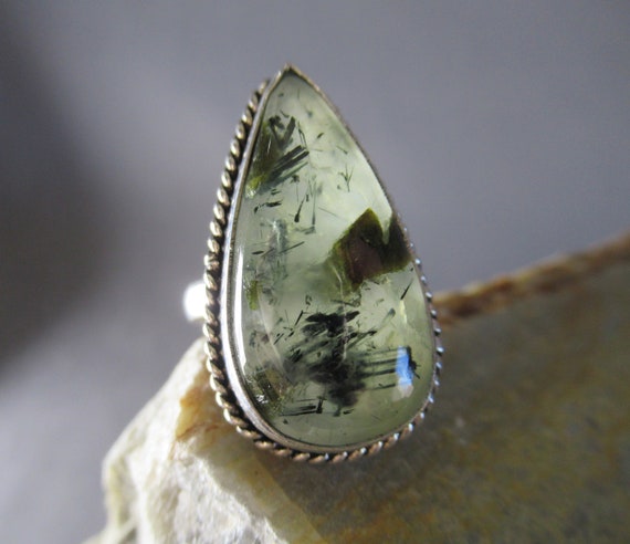 Moss Agate Teardrop Ring, Sterling Silver Pear Ca… - image 1