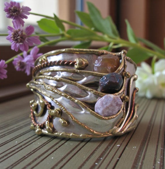 Mixed Metals Bracelet, Sterling Silver and Tumbled Stone Cuff, Molten Earth Metals