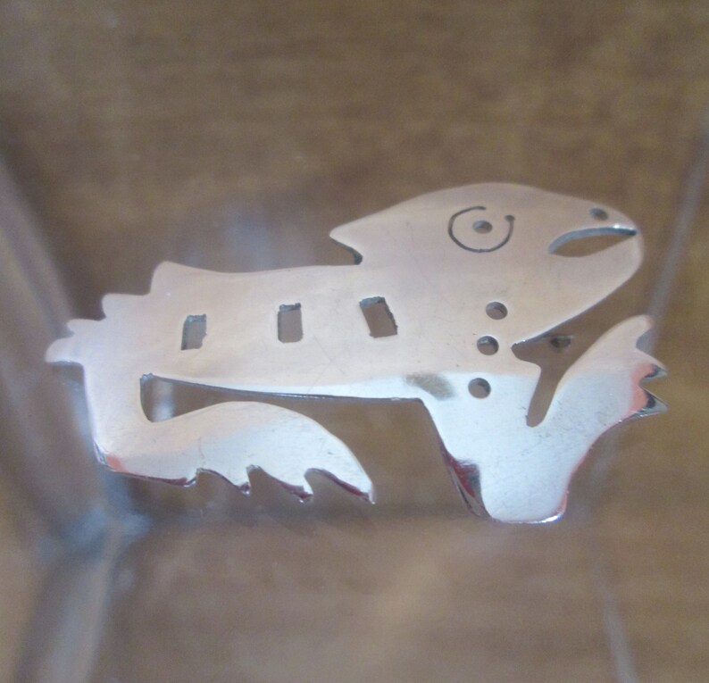 Sterling Silver Brooch AZTEC SALAMANDER Dragon Signed Artisan Made