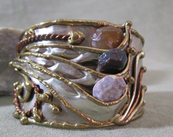 Mixed Metals Bracelet, Sterling Silver and Tumbled Stone Cuff, Molten Earth Metals