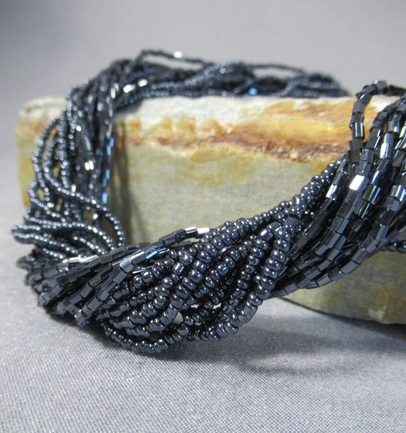 Black Iridescent Glass Beaded Necklace, Multi Stra