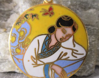 Lady with Butterfly Cloisonne Pendant Chinoiserie Necklace