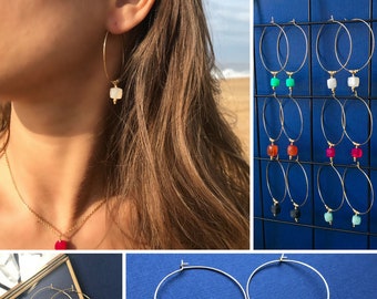 Minimalist Gemstones Cube Hoops Earrings - Boho Earrings - Chrysoprase, Pink Chalcedony, Amazonite, Carnelian Bohemian Earrings