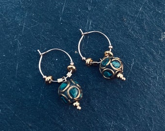 KATHMANDU Tiny Hoops Earrings with Tibetan Beads With Turquoise Inlay and Gold Beads