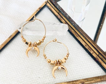 Crescent Horn Hoops Earrings with Tiny Cubic Zirconia - Gold Gorn Talisman Earrings - Boho Earrings  - Bohemian Jewelry