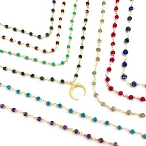 Cresent Horn Rosary Necklace with Precious Gemstones - Omaha Crescent Moon Boho Necklace - Turquoise, Lapis Lazuli, Onyx, Labradorite