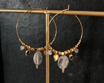 Rose Quartz Drop Hoops Earrings with Faceted Gold Beads - Gemstone Hoops - Elegant and Precious Boho Chic Earrings