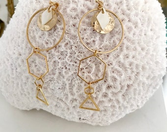 Geometric Long Earrings with Circle, Triangle, Hexagon, and WhiteMother of Pearl Necklace