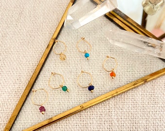 Gold Filled Small Géometric Hexagon Hoops Earrings with Precious Gemstones like Tourmalines, Turquoise, Onyx, Moonstone, Lapis, Citrin