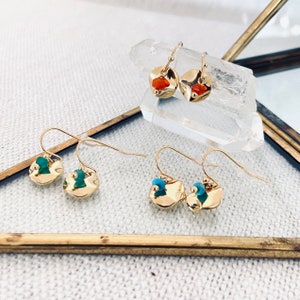 BYZANCE Hammered Gold Coin Earrings With Gemstones Earrings , Moonstones, Onyx, Labradorite, Garnet, Turquoise, ,