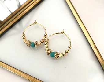 Turquoise Beaded Gold Hoops earrings - Minimalist and dainty hoops - Gold Beads Simple Boho Chic Hoops Earrings - Boho Jewelry