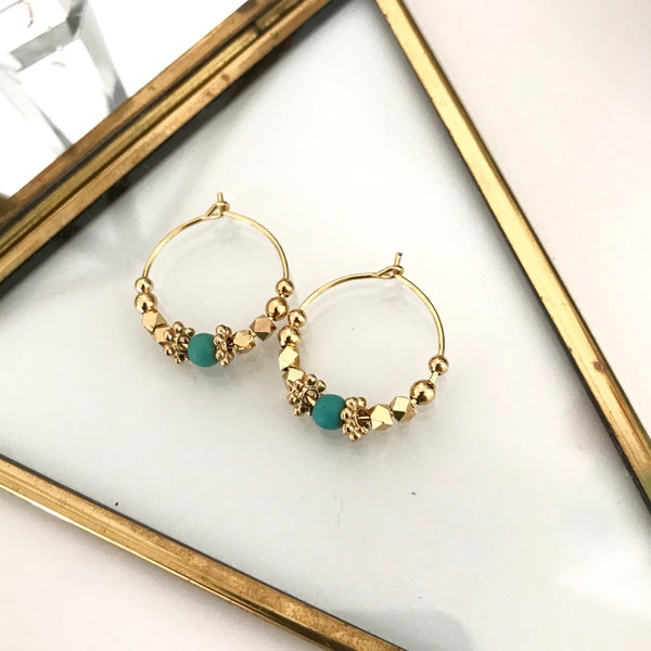 Turquoise Beaded Gold Hoops earrings - Minimalist and dainty hoops - Gold Beads Simple Boho Chic Hoops Earrings - Boho Jewelry