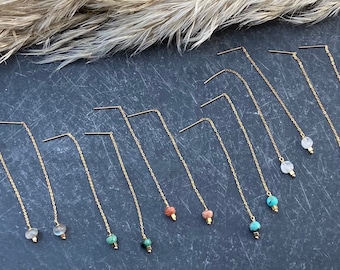 Minimalist Gold Thread Earrings in Labradorite, Raw Emerald, Sunstone, Turquoise