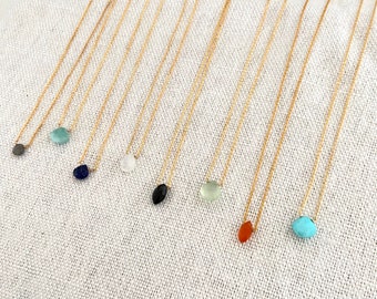 Minimalist Gemstone Drop Marquise Necklace in Moonstone, Labradorite, Lapis Lazuli, Onyx, Carnelian, Opal, Peridot, Amazonite - GOLD FILLED