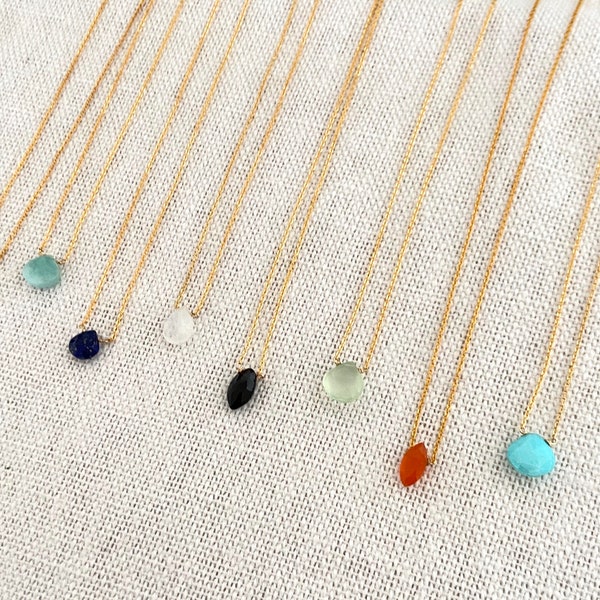 Collier minimaliste en Pierre Semi Précieuse Goutte en Onyx, Pierre de Lune, Lapis Lazuli, Labradorite, Amazonite ou Opale