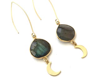 Elegant Drop Labradorite Crescent Moon Earrings - Boho Earrings - Bohemian Gemstone Earrings - Party Earrings - Amulet Earrings