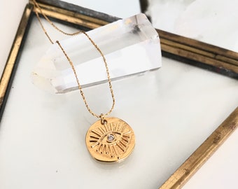 Minimalist and Dainty Evil Eye Medal Gold Necklace