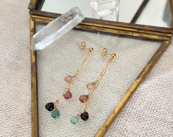 NAIDA Long Boho Chic Earrings with Multicolor Tourmalines Gemstones Drop - GOLD FILLED