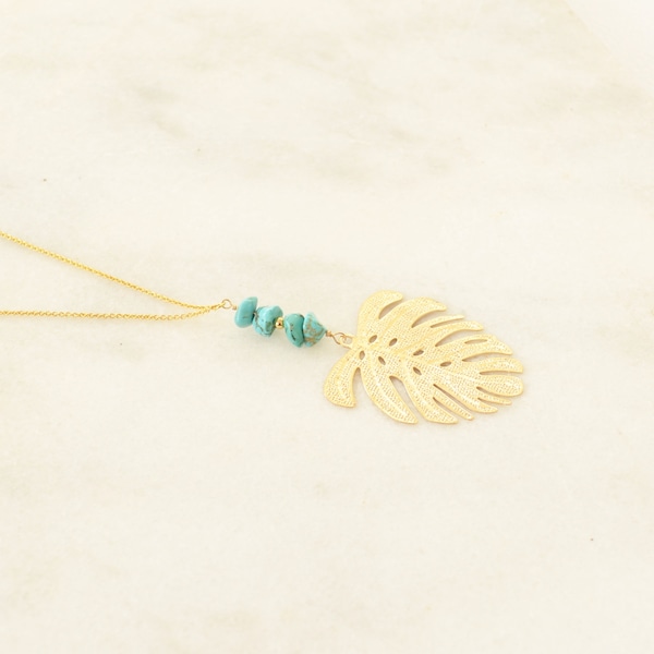 Sautoir Exotique Feuille de Monstera avec pierres Turquoise Howlite