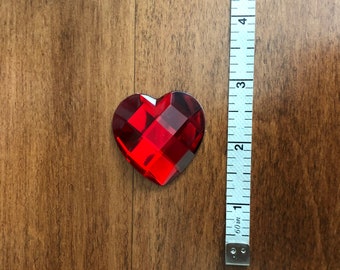 Large acrylic faceted red hearts 1.57 inches/40mm.  Set of 2 flat silver back