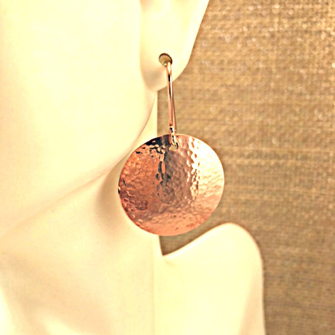 Hammered Copper Disc Earrings, Small, With Artisan Silver Ear Wires Peen Hammered Copper Disc
