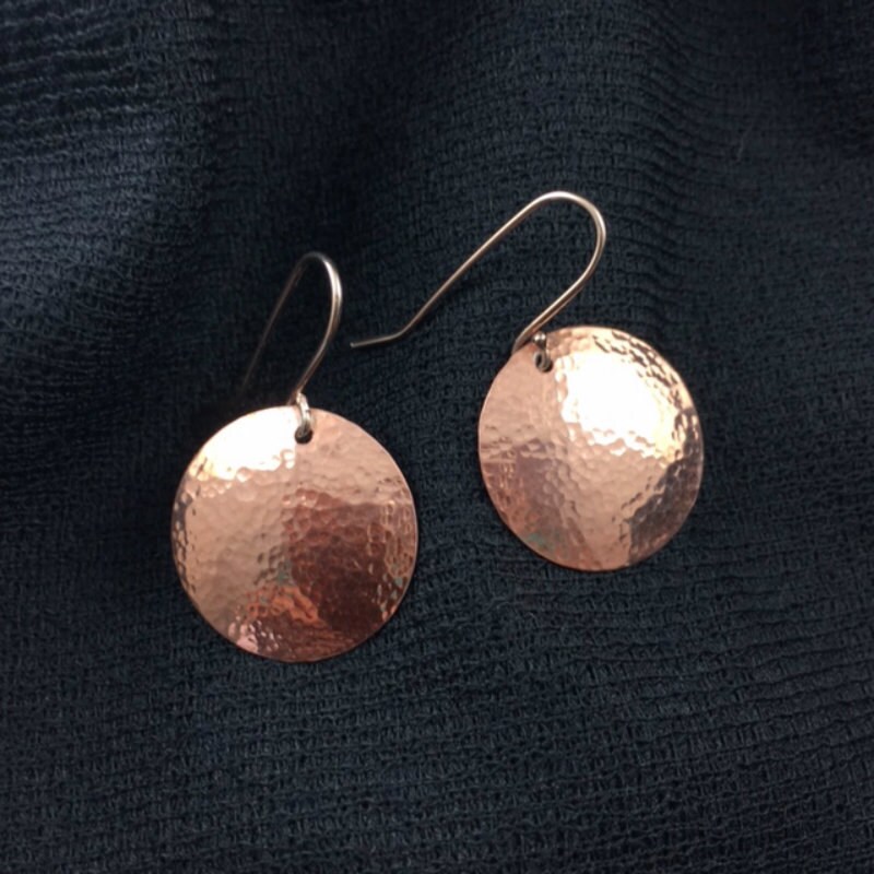 Hammered Copper Disc Earrings, Small, With Artisan Silver Ear Wires Peen Hammered Copper Disc