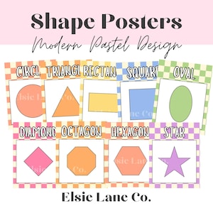 May include: A set of 10 colorful printable posters featuring different geometric shapes, including a circle, triangle, rectangle, square, oval, diamond, octagon, hexagon, and star. The posters have a checkered background and are designed in a modern pastel color scheme.