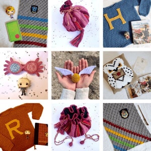 May include: A collection of crocheted Harry Potter themed items, including a scarf, a bag, a sweater, a pillow, a headband, a snitch, and a book.