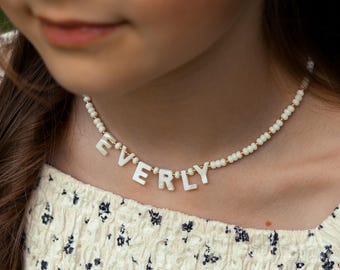 Personalized Mother of Pearl Name Necklace: Seed Bead Choker, Flower Girl Gift