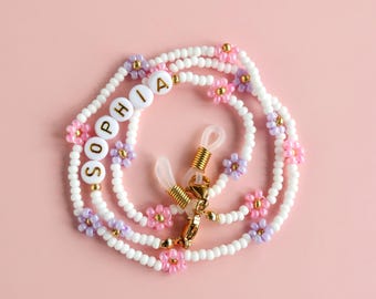 Chaîne de lunettes marguerite personnalisée • Lanière de lunettes ornée de perles florales • Cordon pour lunettes avec nom personnalisé • Lanière pour lunettes de lecture fleurs.