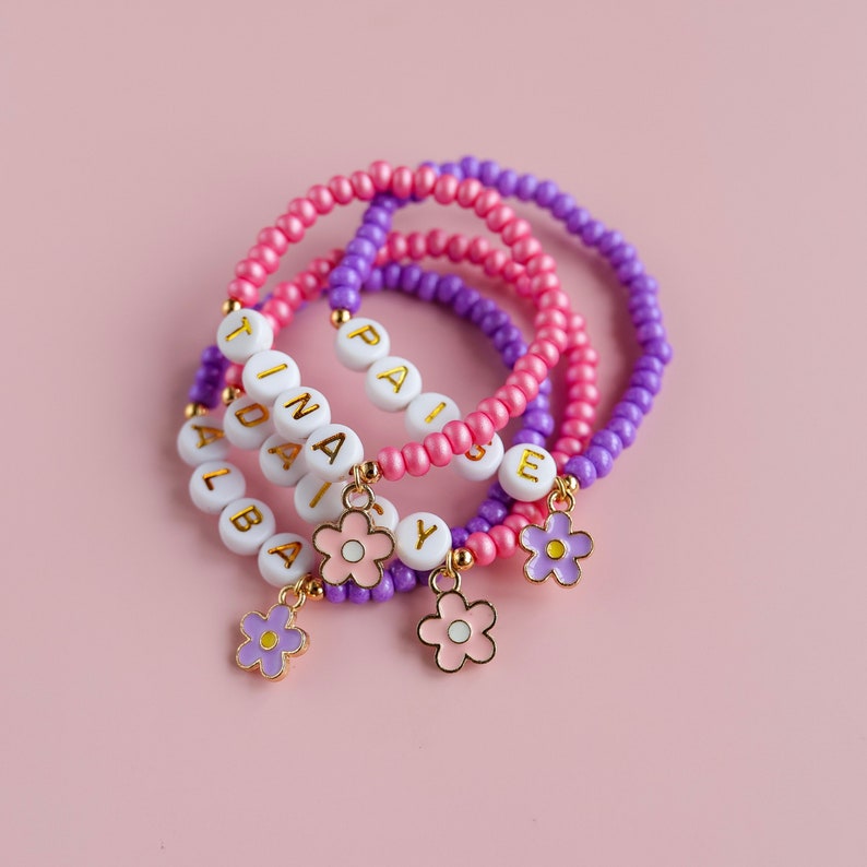 Personalised flower charm bracelet pink/purple child's name bracelet. image 2