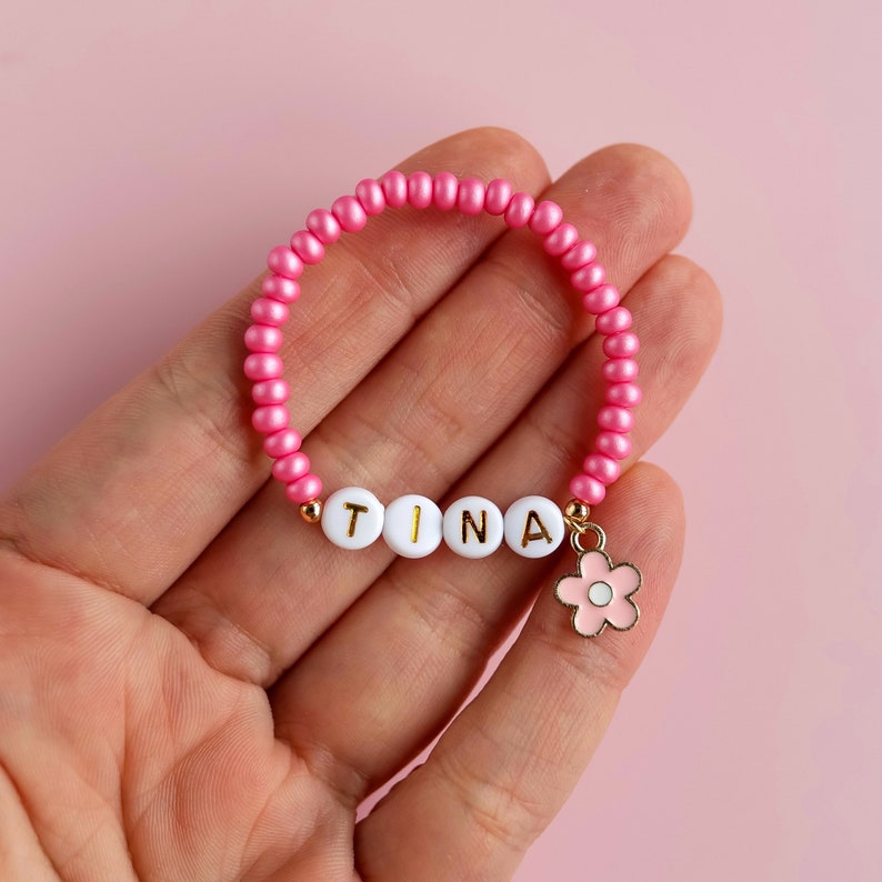 Personalised flower charm bracelet pink/purple child's name bracelet. image 6