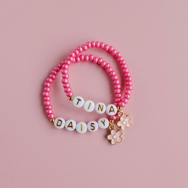Personalised flower charm bracelet pink/purple child's name bracelet. image 5