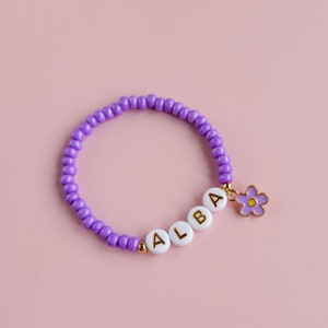Personalised flower charm bracelet pink/purple child's name bracelet. image 7