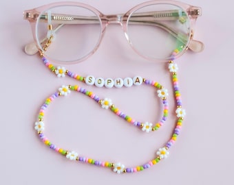 Gepersonaliseerde brilketting met bloemen - handgemaakte brillenkoord met pastelkleurige kralen