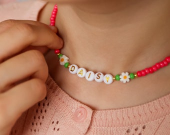 Beaded name necklace - daisy necklace for kids.