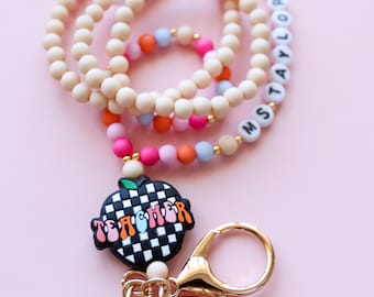 Personalized Teacher Lanyard: Custom Beaded ID Holder, Gift for Educators
