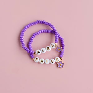 Personalised flower charm bracelet pink/purple child's name bracelet. image 4