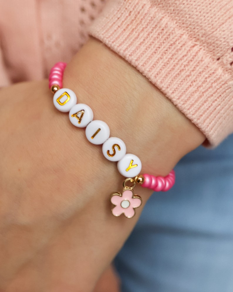 Personalised flower charm bracelet pink/purple child's name bracelet. image 8