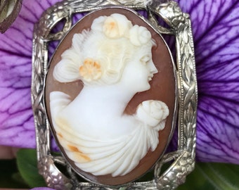 Art Deco Sterling Shell Cameo Pin Art Nouveau Shell Cameo Brooch
