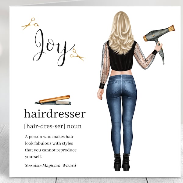 Hairdresser Card, Hairdresser Birthday Card, Hairdressing Cards, Hairdresser Thank You, New Job, Retirement, Choice of hair and clothing.