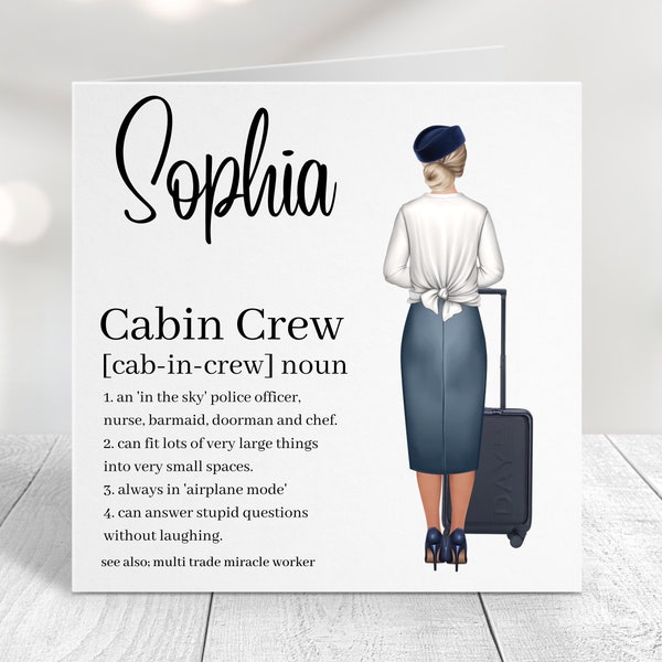 Cabin Crew Card, Flight Attendant Card, Change Hair and Outfit and Add Name, Birthday, Good Luck, New Job, Congratulations, Anniversary UK